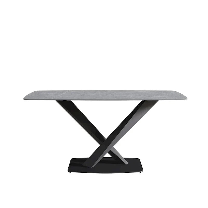 63-Inch Contemporary Dining Table with Slate Stone Surface and Metal Legs, Marble Finish