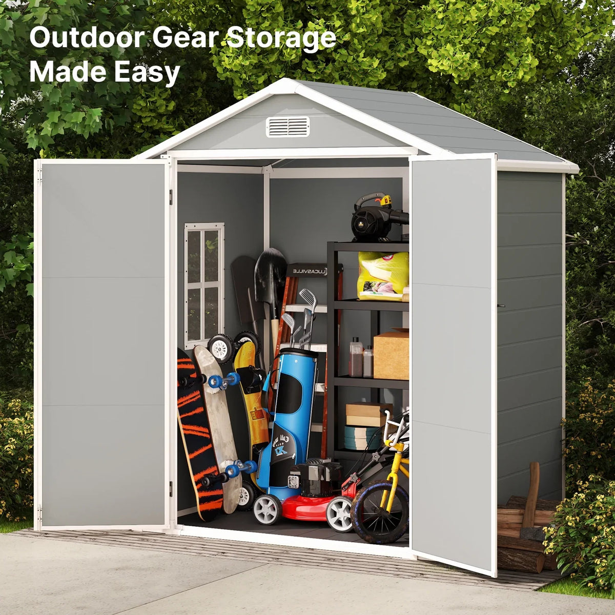 6x4 FT Resin Storage Shed, Lofka Plastic Outdoor Shed with Heavy Duty Floors, 135.6 cu ft, Colorfast, Side Window, Double Lockable Doors for Garden Backyard
