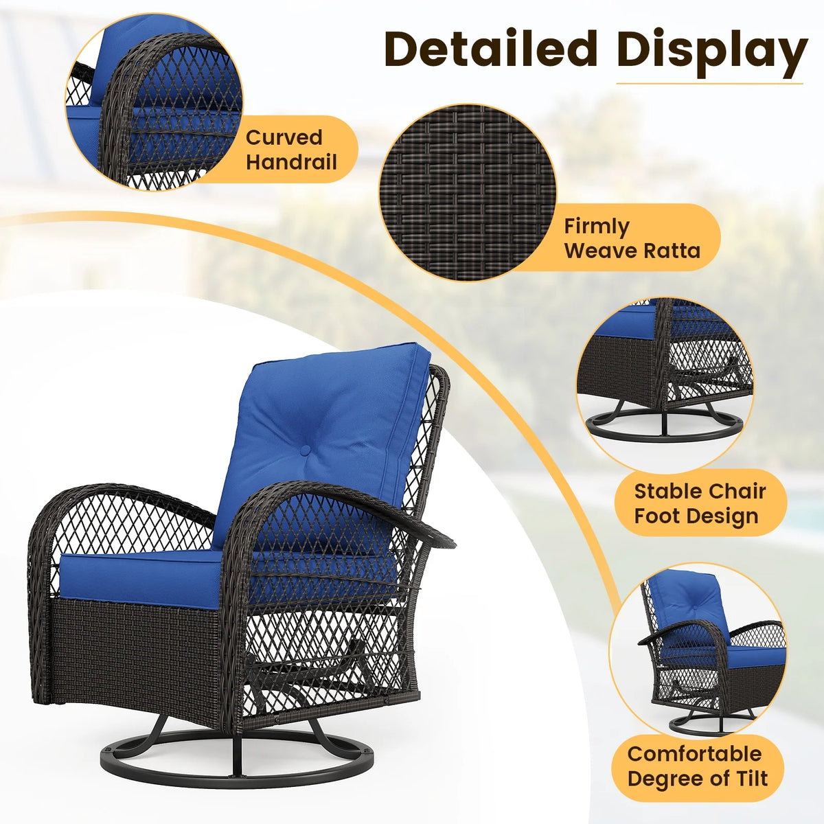ELPOSUN 3 Pieces Patio Furniture Set, Outdoor Swivel Gliders Rocker, Wicker Patio Bistro Set with Rattan Rocking Chair, Glass Top Side Table and Thickened Cushions for Porch Deck Backyard