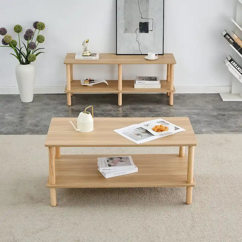 39-Inch Coffee Table with Two-Tier Design and Rubberwood Legs