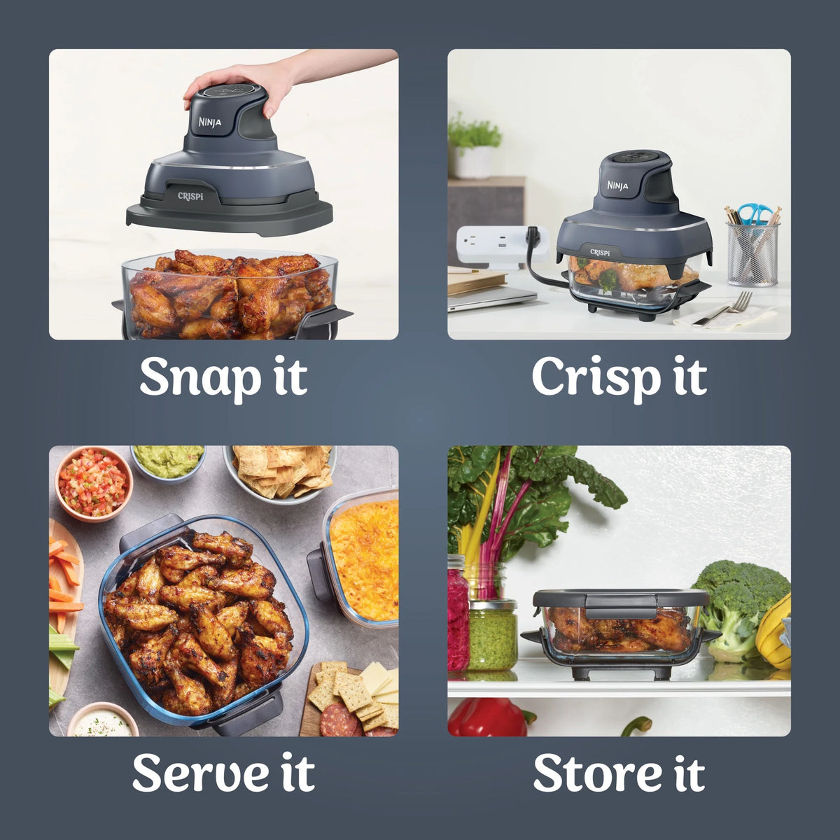 Ninja Crispi 4 - in - 1 Portable Glass Air Fryer Cooking System, 4 - Qt & 6 - Cup Containers, Cyberspace