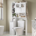 Over the Toilet Storage Cabinet with 3 Doors, Farmhouse Space Saver for Bathroom Organizer with Paper Holder, 10 Shelves and Hooks, 7 - Tier Over Washing Machine Cabinet for Laundry, Bathroom, Natural