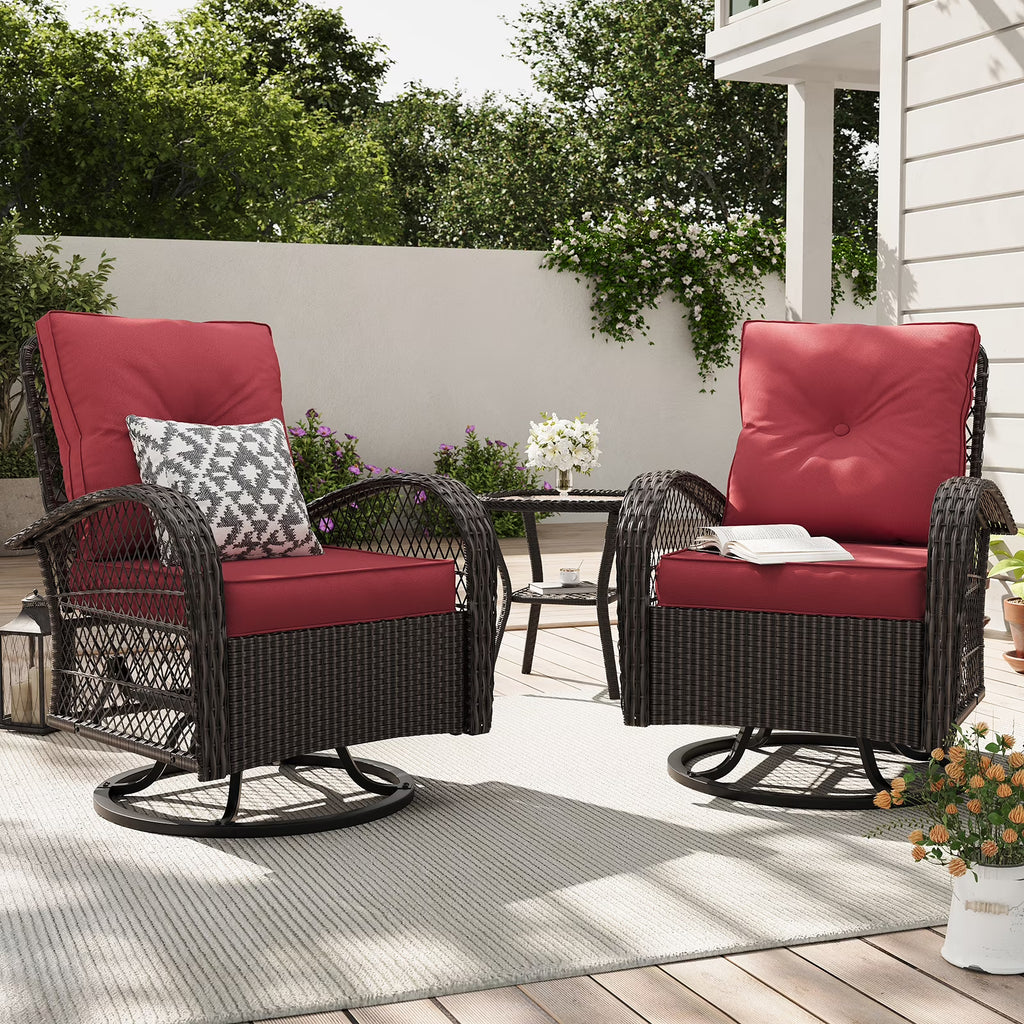 ELPOSUN 3 Pieces Patio Furniture Set, Outdoor Swivel Gliders Rocker, Wicker Patio Bistro Set with Rattan Rocking Chair, Glass Top Side Table and Thickened Cushions for Porch Deck Backyard