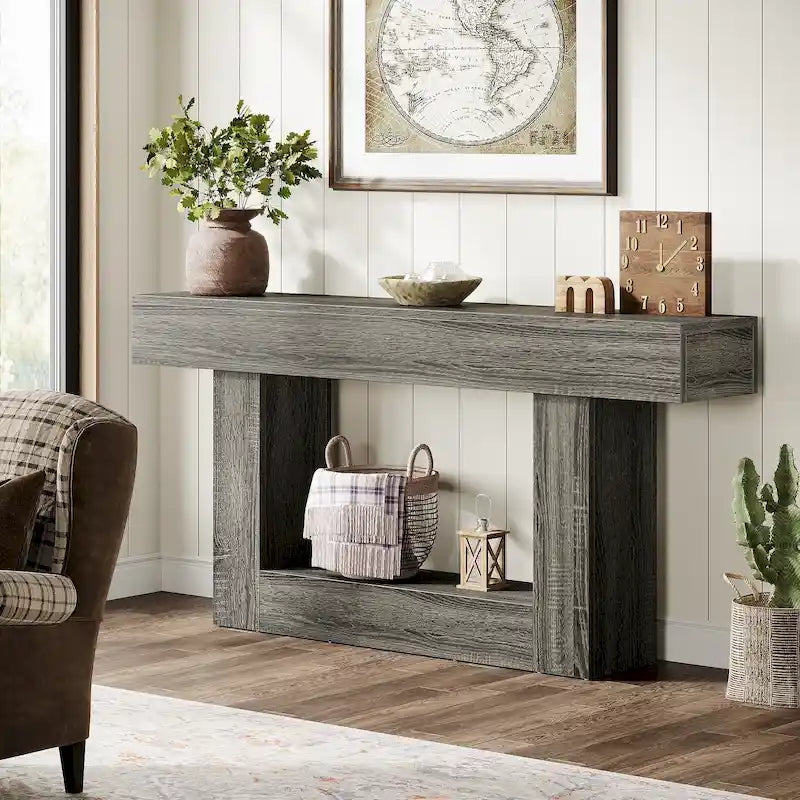 63-Inch Brown and Gray Slim Wooden Console Table for Entryway