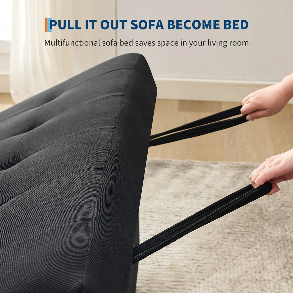 3 in 1 Convertible Sleeper Sofa Bed, Corduroy Futon Couches with Pull - Out Bed, Adjustable Backrest, Charging Port & Side Pockets, Modern Upholstered Sofa for Living Room, Guest Room