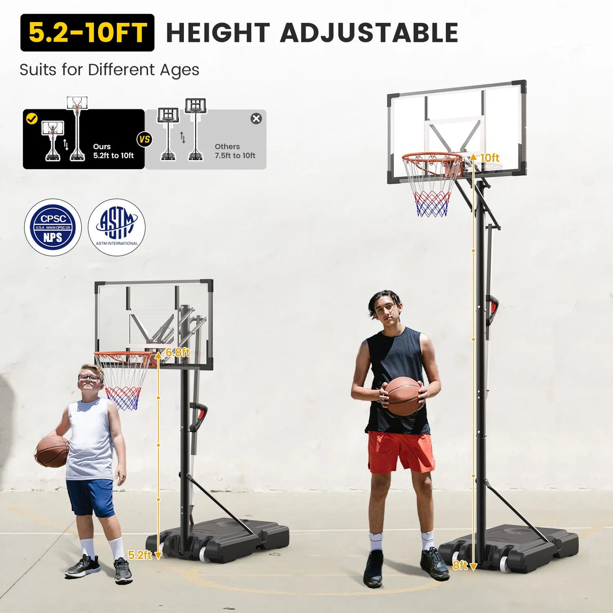 NEDYO 44 In. Portable Basketball Hoop & Goal System, 5 - 10 Ft Height Adjustable, Indoor/Outdoor Use