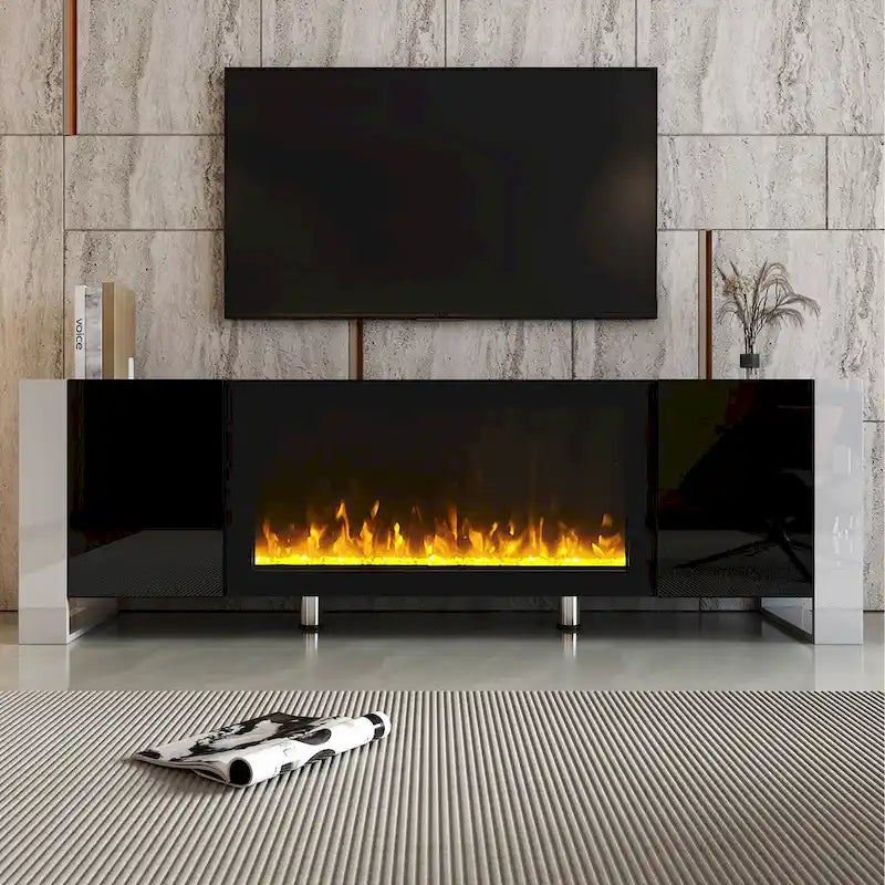 Contemporary Black 68.1" TV Stand with Fireplace and 2 Spacious Cabinets for TVs Up to 78"