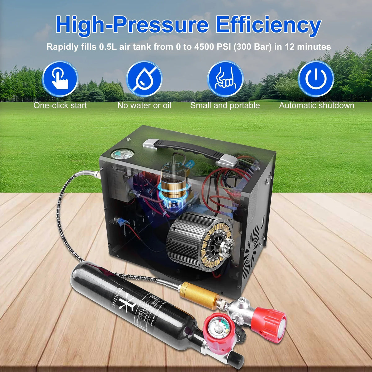 TUDIVING PCP Air Compressor, Built in Converter, 4500psi/300bar Pcp Compressor Auto stop