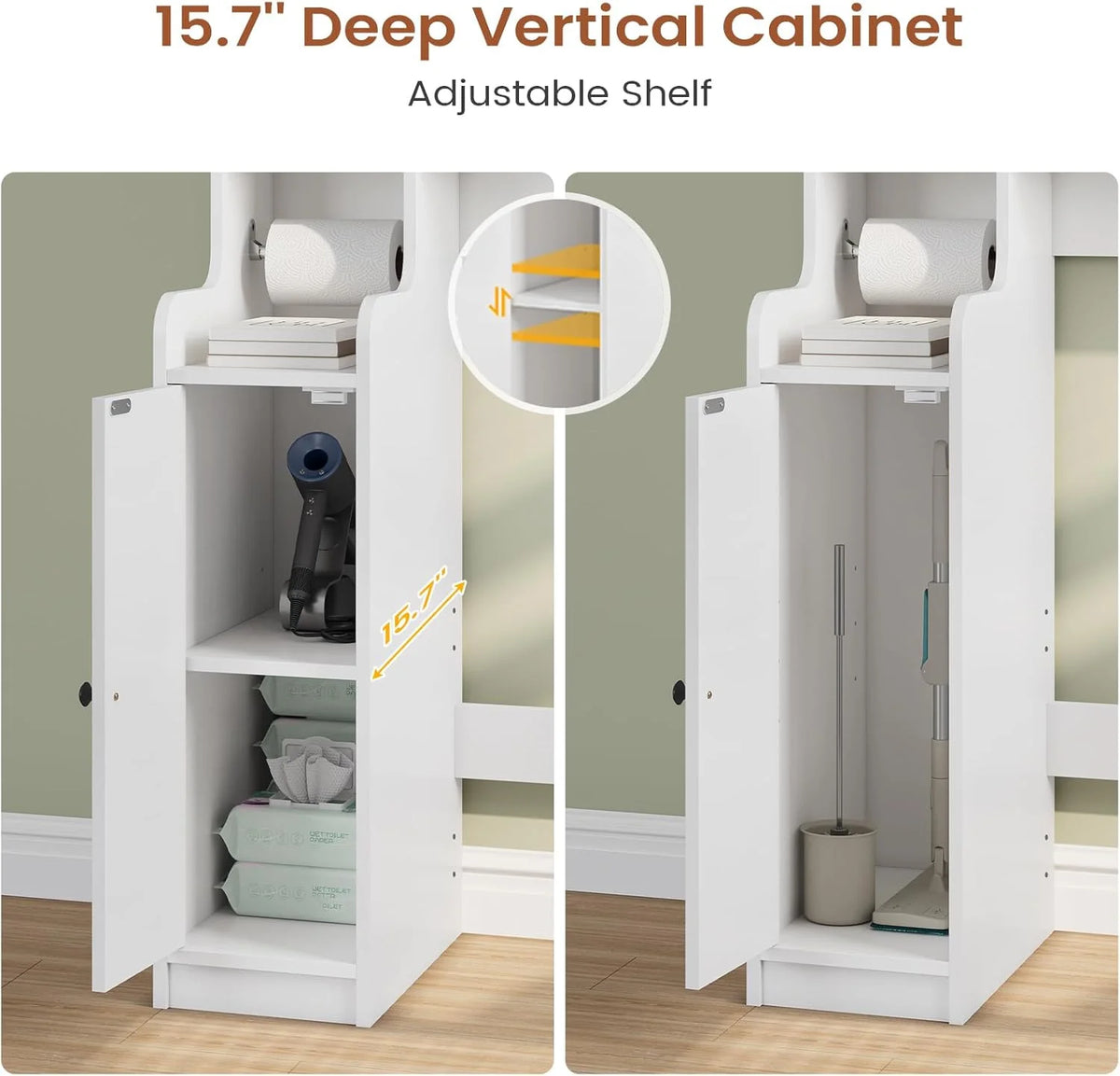 Over the Toilet Storage Cabinet with 3 Doors, Farmhouse Space Saver for Bathroom Organizer with Paper Holder, 10 Shelves and Hooks, 7 - Tier Over Washing Machine Cabinet for Laundry, Bathroom, Natural