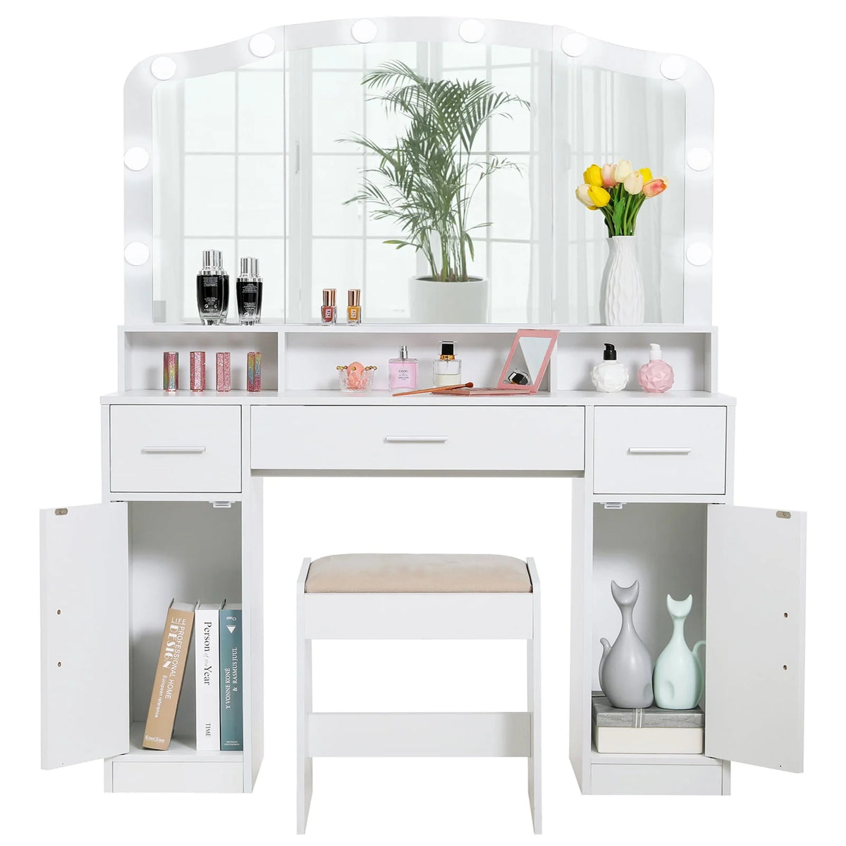 USIKEY Large Vanity Set with Large Lighted Mirror, Modern Makeup Vanity Table with 3 Drawers, 2 Storage Cabinets & 10 LED Bulbs and Cushioned Stool for Women, Bedroom, Whiteszt32wd