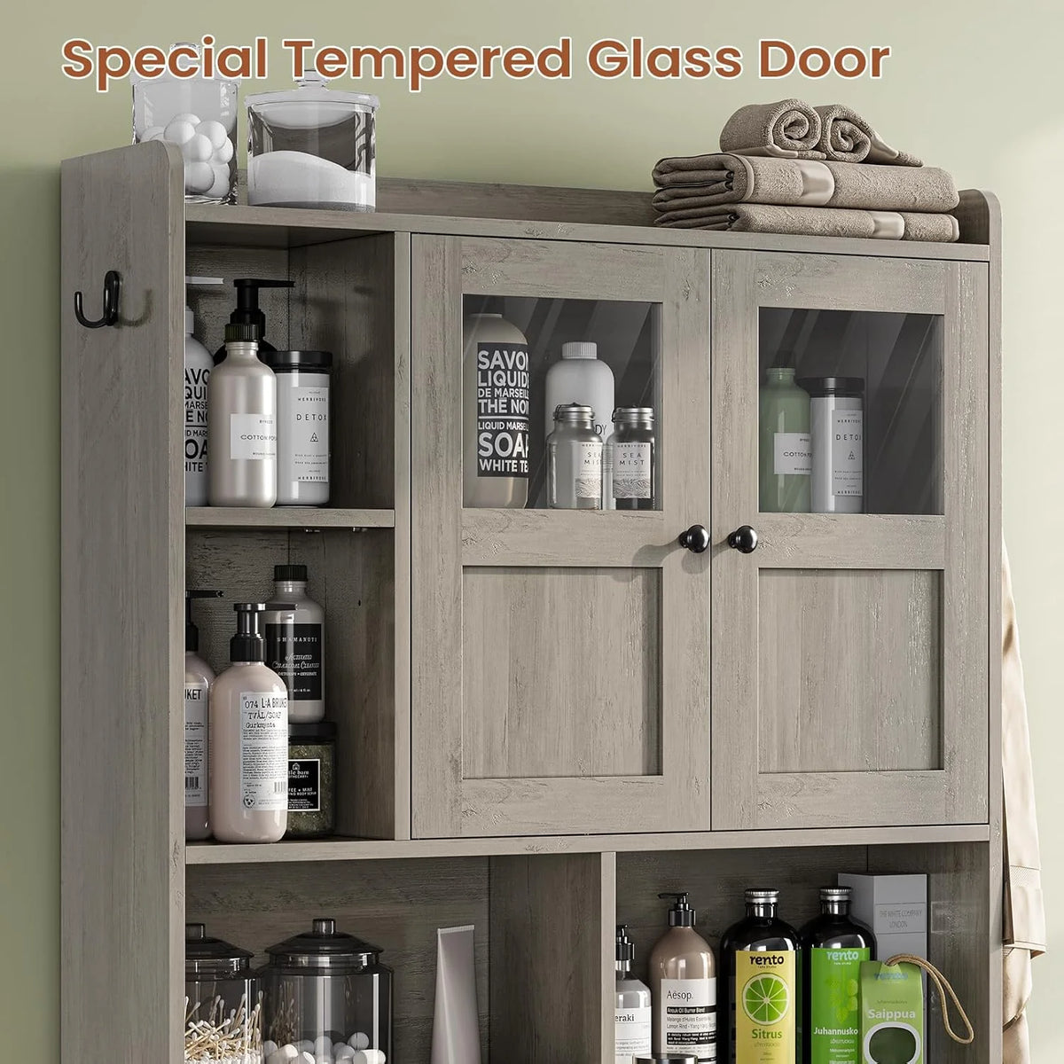Over the Toilet Storage Cabinet with 3 Doors, Farmhouse Space Saver for Bathroom Organizer with Paper Holder, 10 Shelves and Hooks, 7 - Tier Over Washing Machine Cabinet for Laundry, Bathroom, Natural