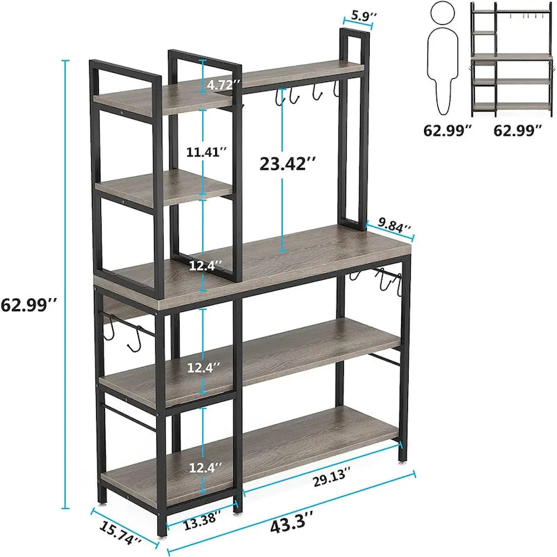 43-Inch Kitchen Bakers Rack with Microwave Stand - 5-Tier Utility Storage Shelf and 10 Hooks for Kitchen and Living Room