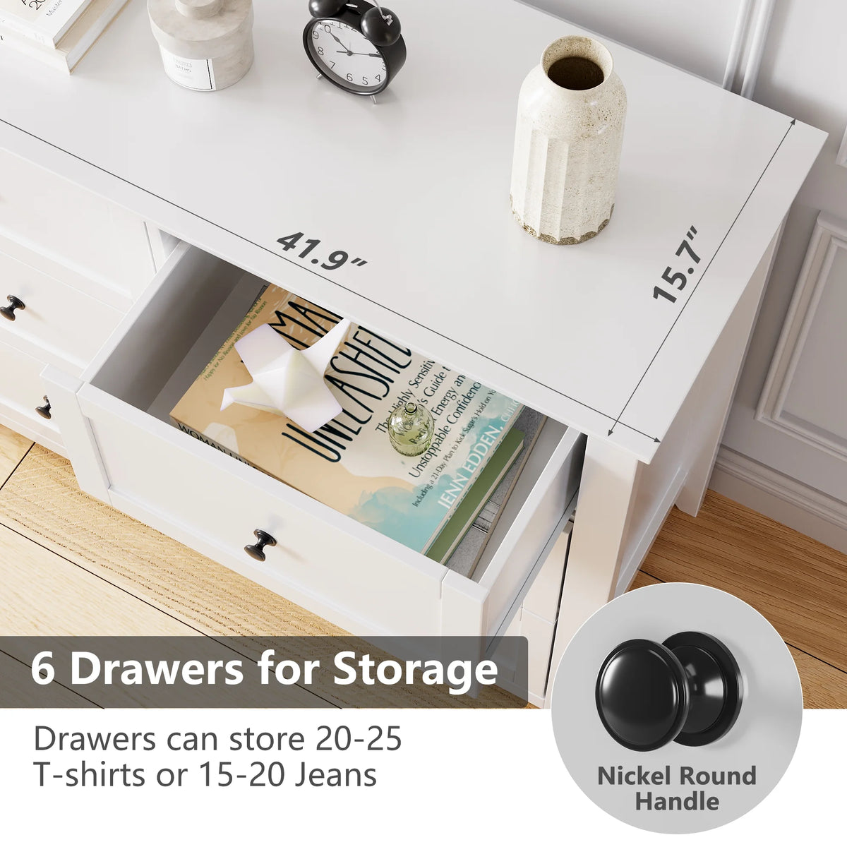 Homhougo Dresser for Bedroom Black with 5 Drawers, Tall Wood Organizer Storage Cabinet with Round Handle, Drawer Dresser for Closet, Living Room, Hallway, Nursery, Kids Bedroom