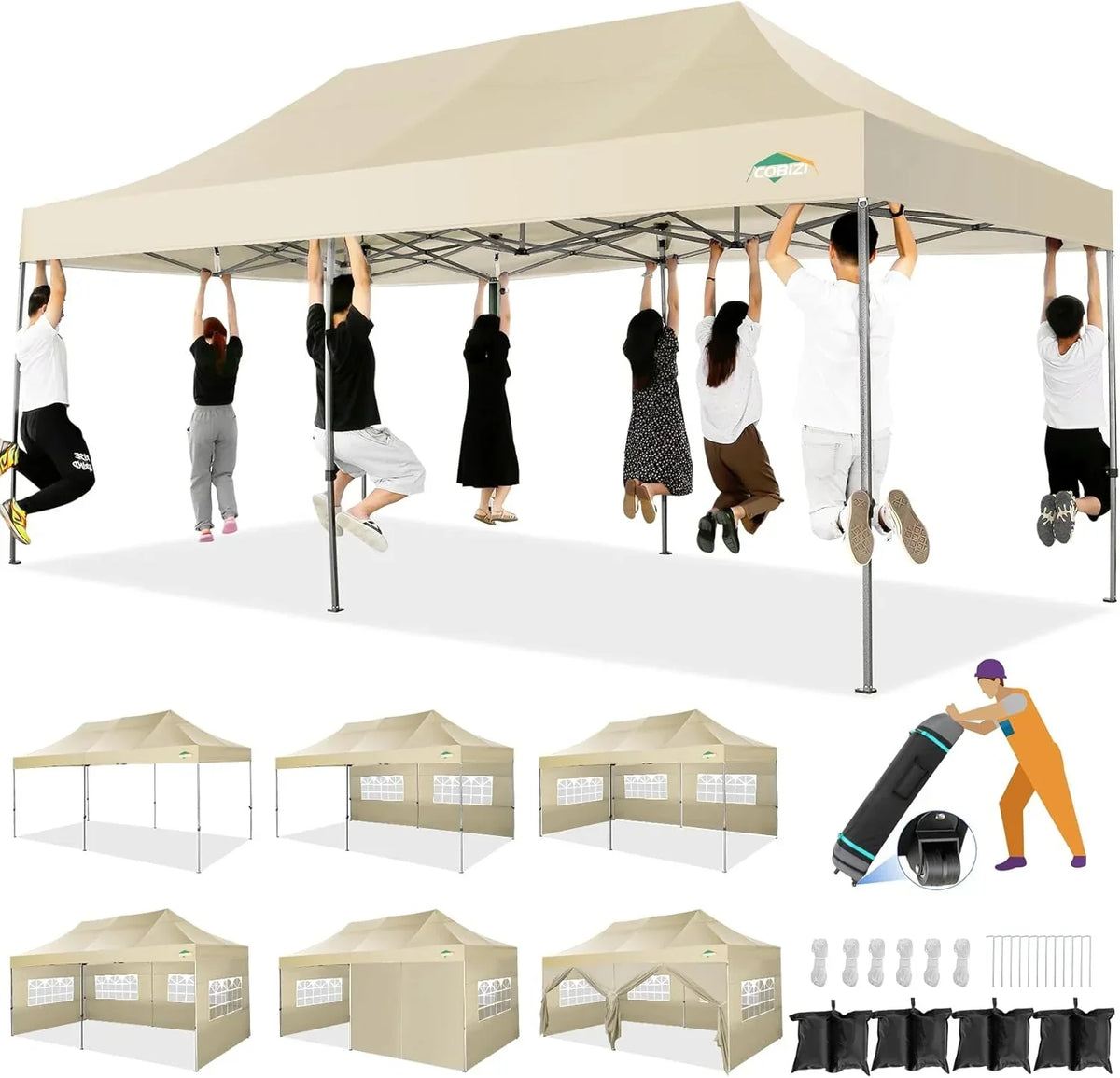 COBIZI 10x20 Heavy Duty Pop up Canopy Tent with 6 sidewalls Easy Up Commercial Outdoor Canopy Wedding Party Tents for Parties All Season Wind & Waterproof Gazebo with Roller Bag,Black(Frame Thickened)