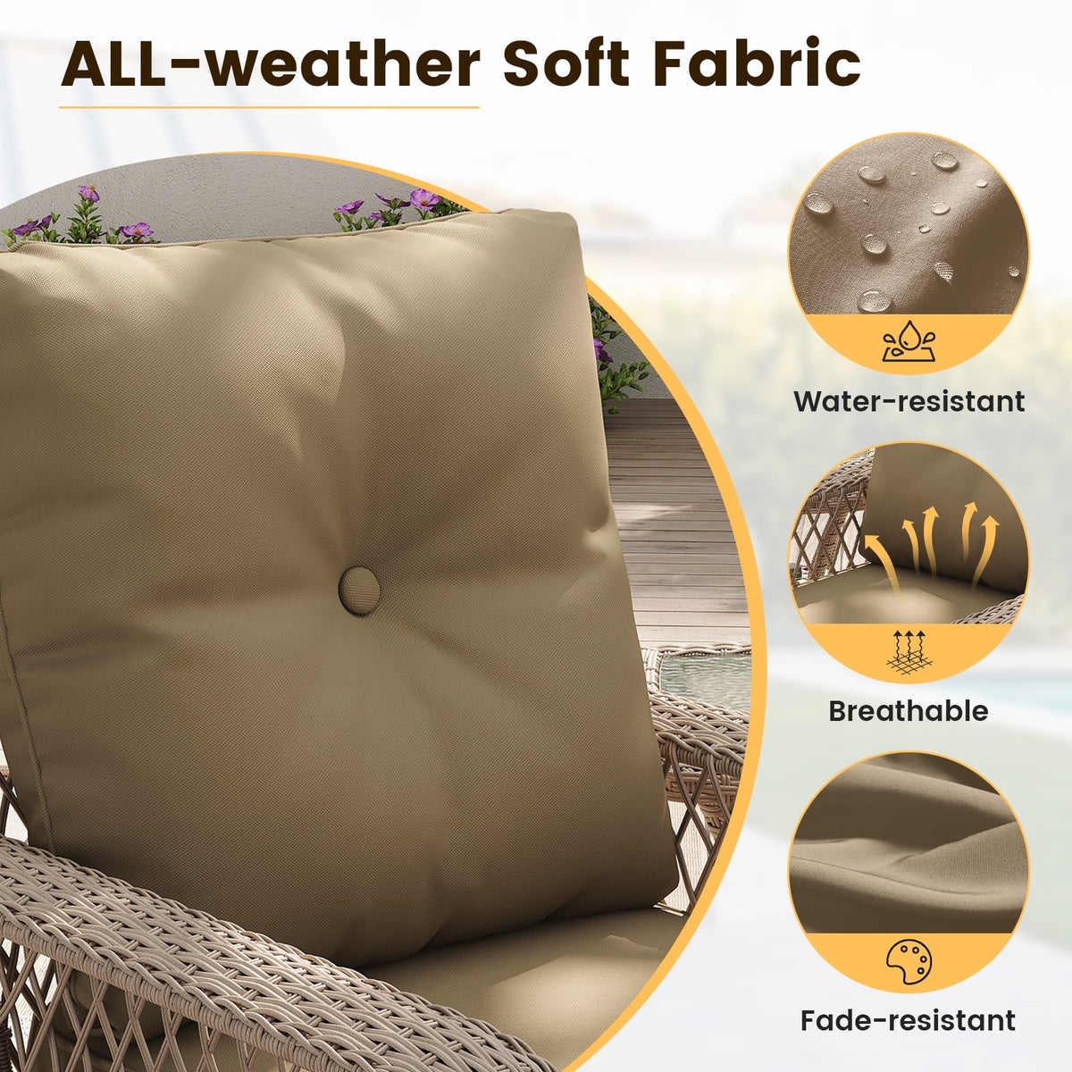 ELPOSUN 3 Pieces Patio Furniture Set, Outdoor Swivel Gliders Rocker, Wicker Patio Bistro Set with Rattan Rocking Chair, Glass Top Side Table and Thickened Cushions for Porch Deck Backyard