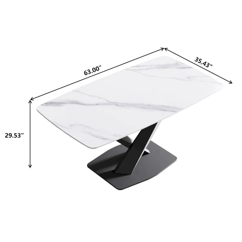 63-Inch Contemporary Dining Table with Slate Stone Surface and Metal Legs, Marble Finish
