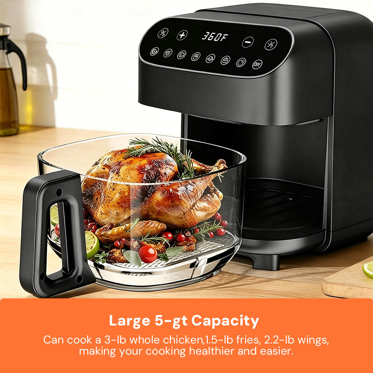 Kismile 5 Quart Glass Air Fryer, Non-Toxic PTFE-Free with 360° Visible Bowl, 8 Presets 12420KAF0