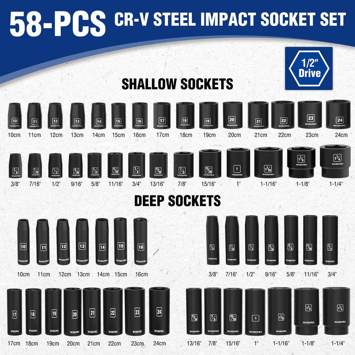 WORKPRO 65PCS 1/2” Drive Impact Socket Set, SAE&Metric Deep & Shallow Kit