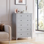 Homhougo Dresser for Bedroom Black with 5 Drawers, Tall Wood Organizer Storage Cabinet with Round Handle, Drawer Dresser for Closet, Living Room, Hallway, Nursery, Kids Bedroom