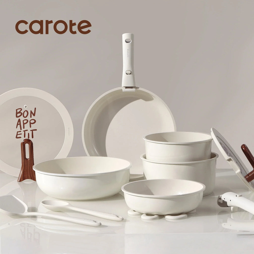 Carote 18 Pcs Ceramic Nonstick Cookware Set, Pots and Pans Set with Detachable Handles, Oven/Dishwasher Safe, Stackable Kitchen Cooking Set, White