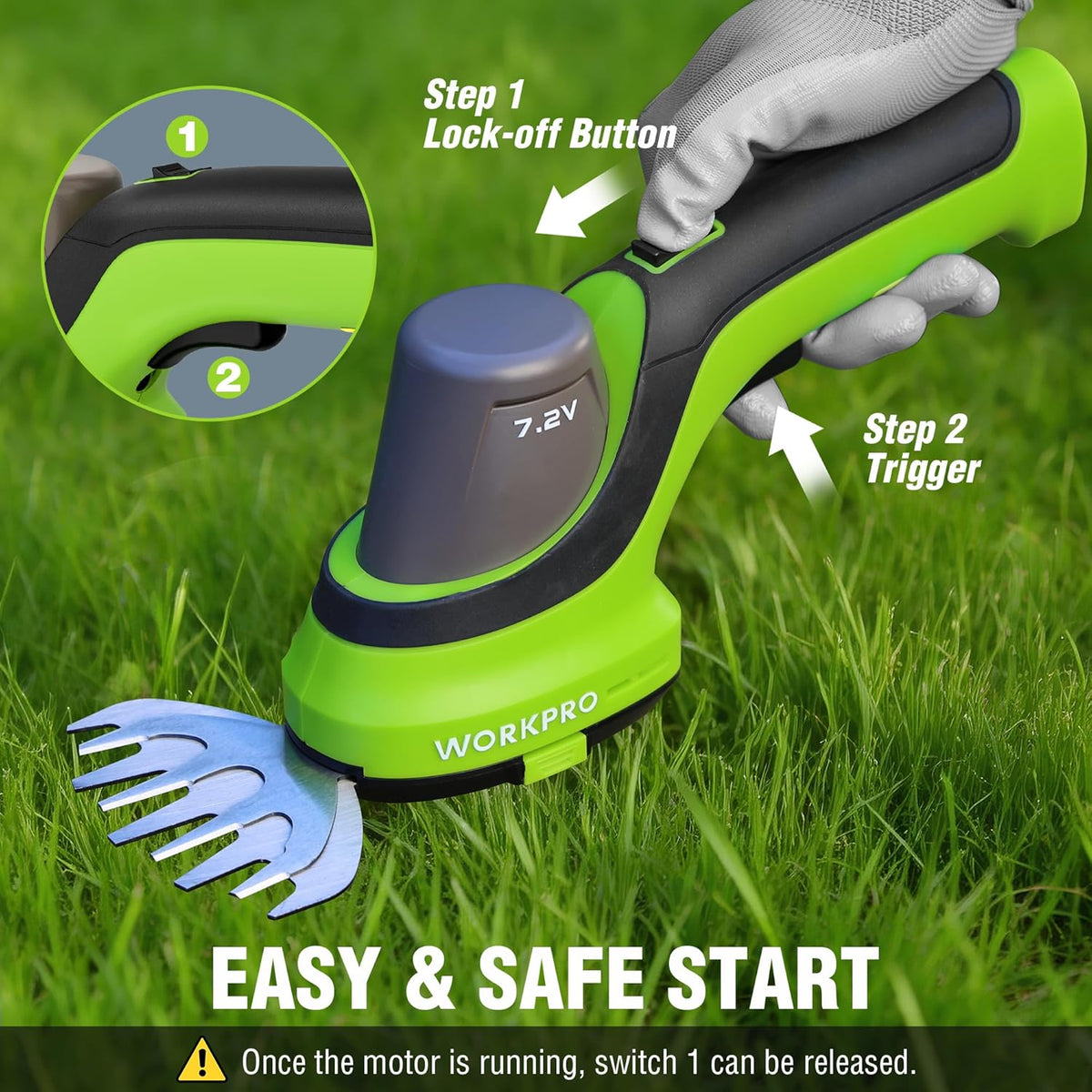 WORKPRO 7.2V Handheld Grass Trimmer, 2-in-1 Cordless Hedge Trimmer & Grass Shears with 44.5” Wheeled Extension Pole, 2Ah Battery, Shrub Trimmer for Lawn Edging, Garden, Yard & Hedge Trimming