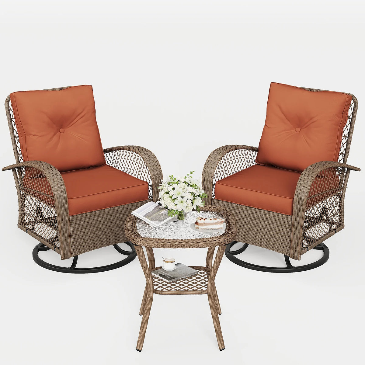 ELPOSUN 3 Pieces Patio Furniture Set, Outdoor Swivel Gliders Rocker, Wicker Patio Bistro Set with Rattan Rocking Chair, Glass Top Side Table and Thickened Cushions for Porch Deck Backyard