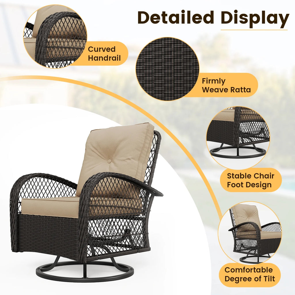 ELPOSUN 3 Pieces Patio Furniture Set, Outdoor Swivel Gliders Rocker, Wicker Patio Bistro Set with Rattan Rocking Chair, Glass Top Side Table and Thickened Cushions for Porch Deck Backyard
