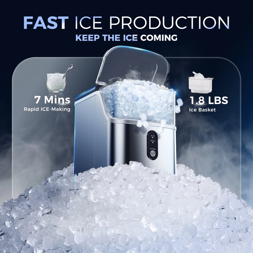 Simzlife Nugget Ice Maker Countertops, 35.9 lb per Day Portable Pebble Ice Machine, Crushed Sonic Ice Maker with Soft Chewable Ice for Home, Party, RV, Camping, Stainless Steel Silver