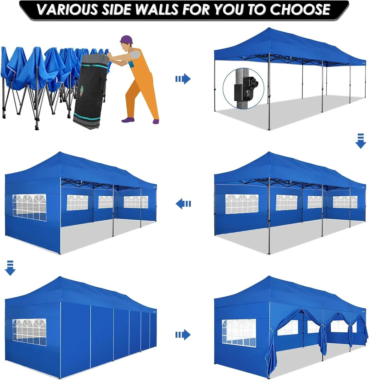 COBIZI 10x20 Heavy Duty Pop up Canopy Tent with 6 sidewalls Easy Up Commercial Outdoor Canopy Wedding Party Tents for Parties All Season Wind & Waterproof Gazebo with Roller Bag,Black(Frame Thickened)