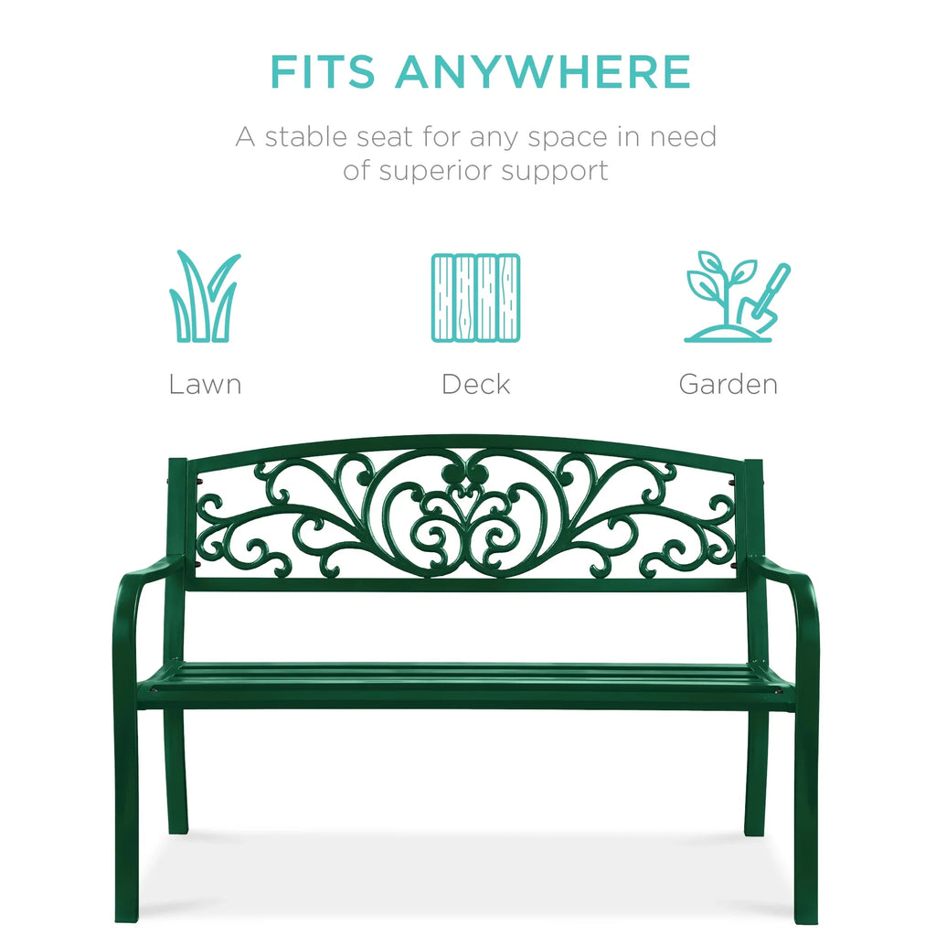 Best Choice Products Outdoor Steel Bench Garden Patio Porch Furniture W/ Floral Design Backrest - Black