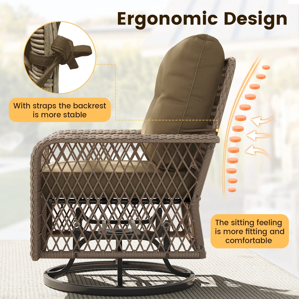 ELPOSUN 3 Pieces Patio Furniture Set, Outdoor Swivel Gliders Rocker, Wicker Patio Bistro Set with Rattan Rocking Chair, Glass Top Side Table and Thickened Cushions for Porch Deck Backyard