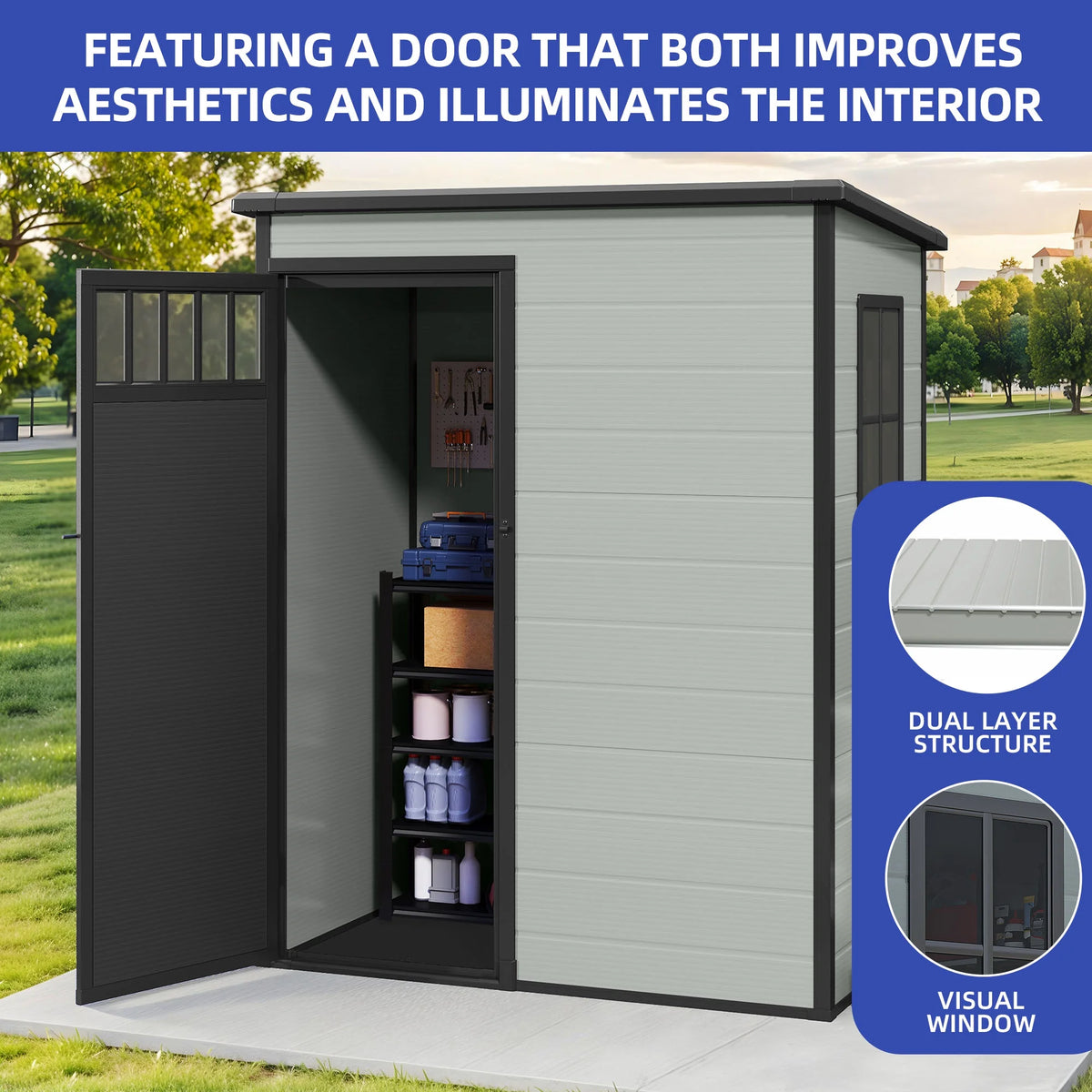 Modfusion 4.62.66.3 Ft Resin Storage Shed with Window, Floor, Plastic Roof, Storage Cabinets for Brooms Vacuum Cleaners Fits 65 to 68 in, Winter Gear Box, Black