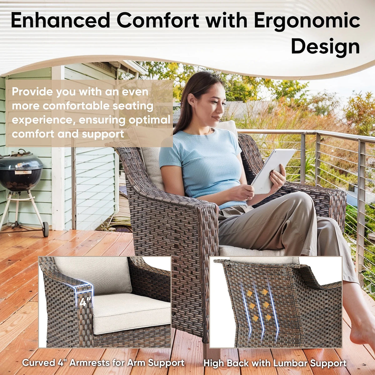 Bellefurn Outdoor Wicker Patio Chairs Set of 2 with Side Table, All - Weather Wicker Rattan Chairs Patio Furniture Chairs for Porch Balcony Backyard Yard Deck