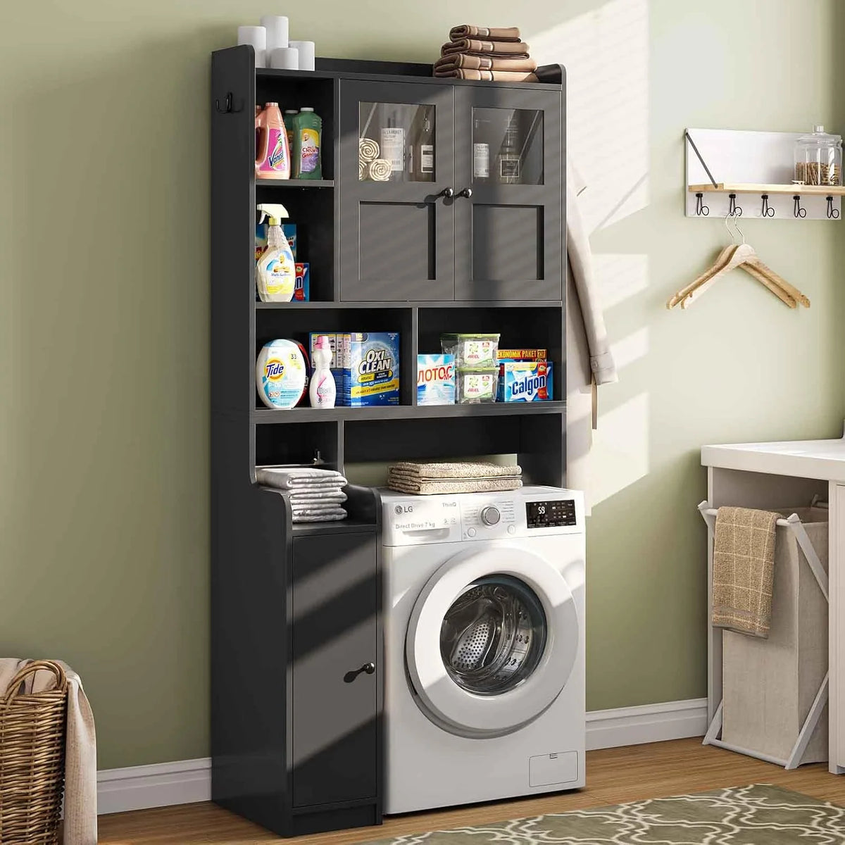 Over the Toilet Storage Cabinet with 3 Doors, Farmhouse Space Saver for Bathroom Organizer with Paper Holder, 10 Shelves and Hooks, 7 - Tier Over Washing Machine Cabinet for Laundry, Bathroom, Natural