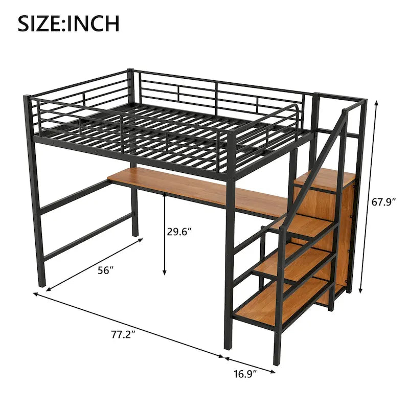 Complete Loft Bed Set with Desk, Storage Staircase, Compact Wardrobe, and LED Lighting