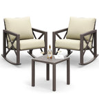 MRUAKA Rocking Chair Bistro Set, 3 Piece Outdoor Patio Furniture Set with 2 Rockers and 1 Metal Coffee Table with Thick Cushions for Porch, Backyard, Poolside, Beige