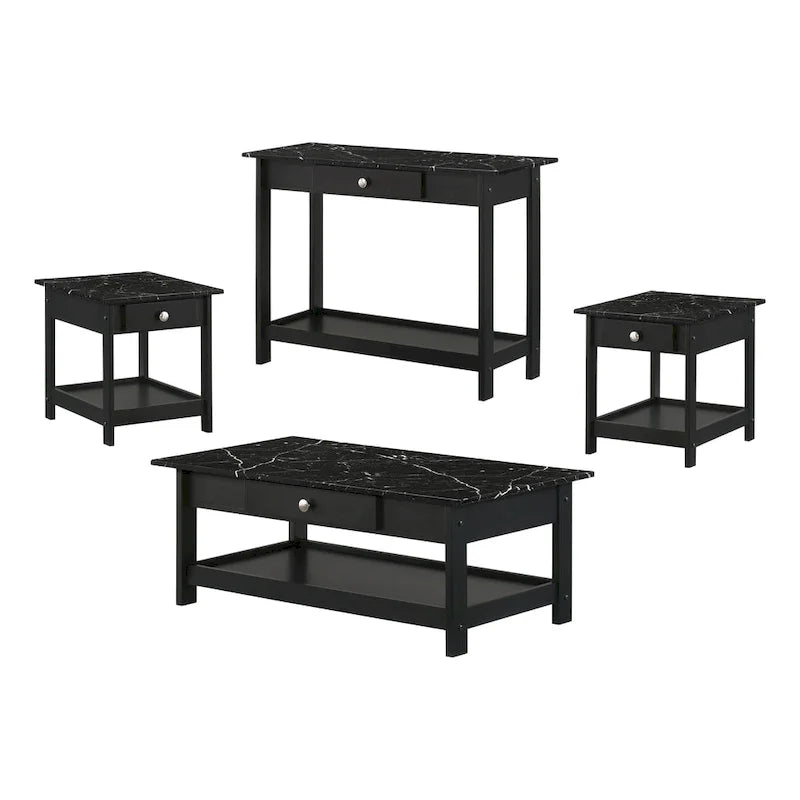 Denhour DH BASIC 4-Piece Open-Shelf Coffee Table Set with Drawer in Transitional Rubberwood