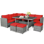 7 Pcs Rattan Patio Dining Furniture Sectional Sofa Set with Dining Table, Ottomans & Cushions