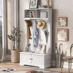 Hall Tree with Upholstered Bench and Coat Rack, Entryway Bench with 3 Hooks, 3 Open Shelves, 2 Drawers & Storage Cabinets, Mudroom Bench with Storage and Hooks for Foyer, Entry Way, Hallway (Beige)