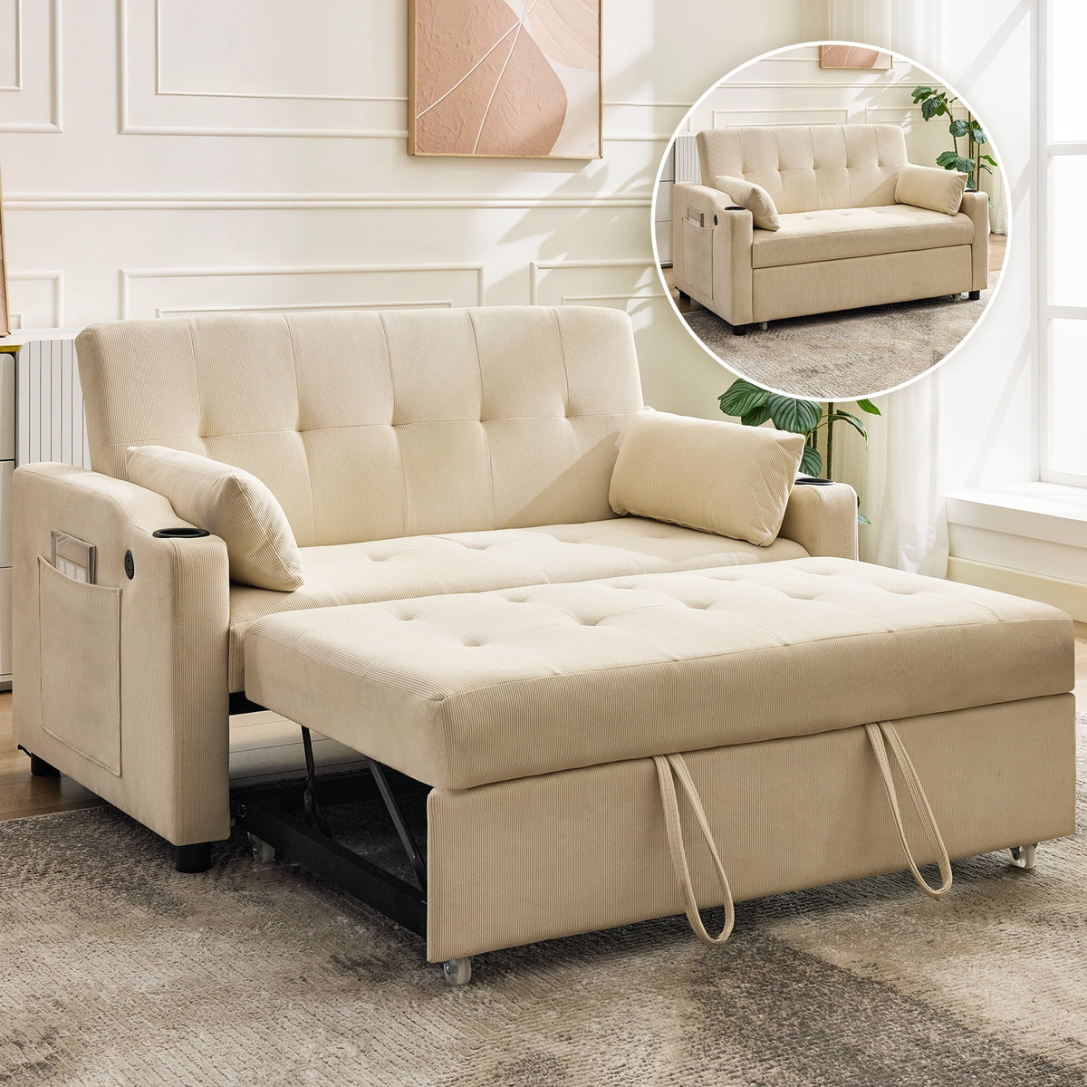 3 in 1 Convertible Sleeper Sofa Bed, Corduroy Futon Couches with Pull - Out Bed, Adjustable Backrest, Charging Port & Side Pockets, Modern Upholstered Sofa for Living Room, Guest Room