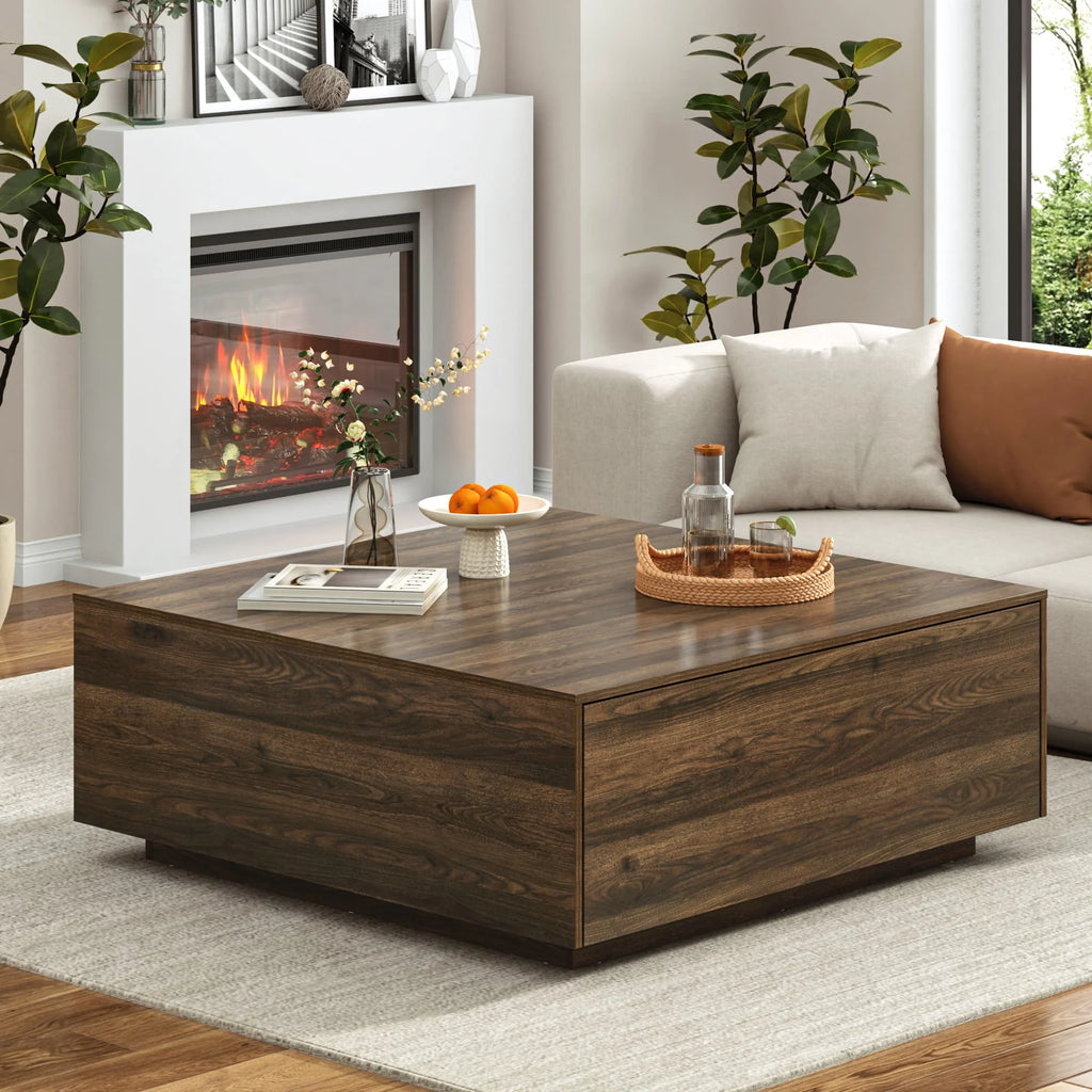 Blotout Square Coffee Table with 2 Large Drawers, 43" Mid Century Modern Coffee Table with Storage, Wood Cocktail Table Center Table with Storage for Living Room, Wood Grain