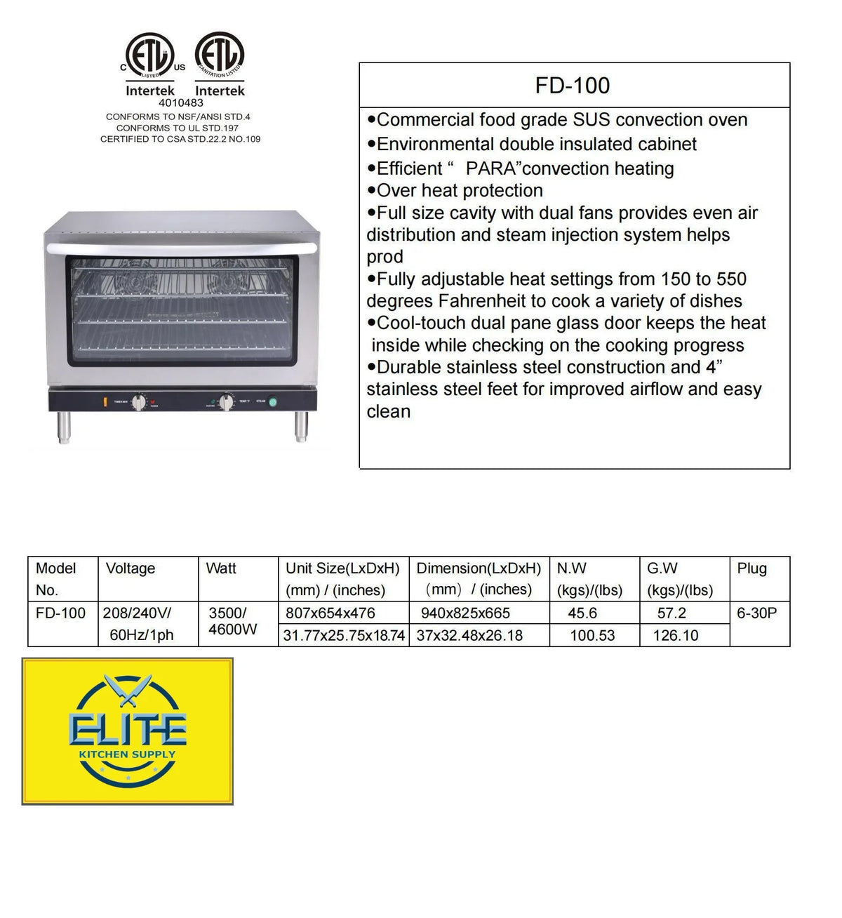 37in. Full Size Countertop Convection Oven, Commercial Oven, 208 - 240V NSF