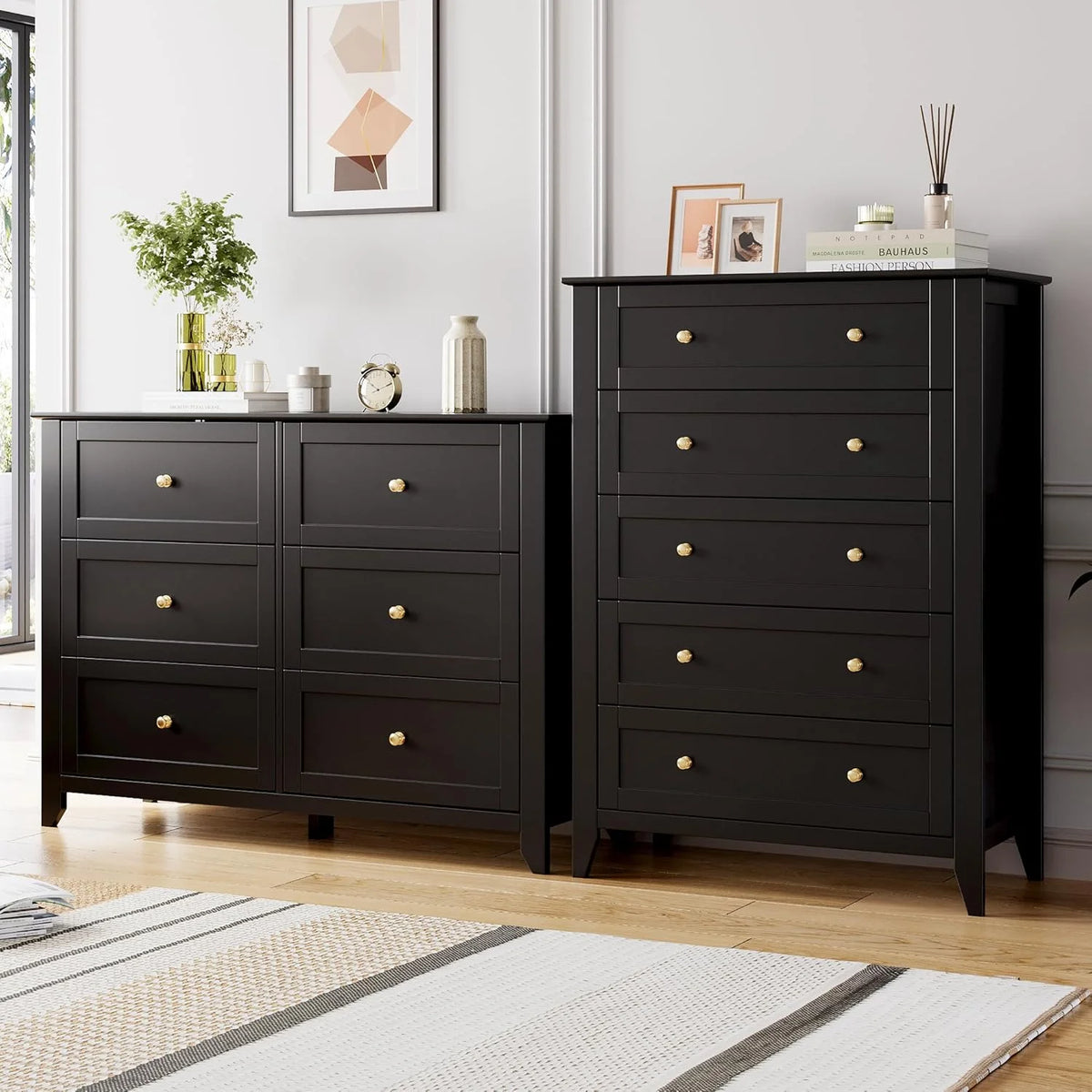 Homhougo Dresser for Bedroom Black with 5 Drawers, Tall Wood Organizer Storage Cabinet with Round Handle, Drawer Dresser for Closet, Living Room, Hallway, Nursery, Kids Bedroom