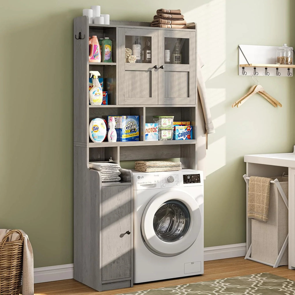 Over the Toilet Storage Cabinet with 3 Doors, Farmhouse Space Saver for Bathroom Organizer with Paper Holder, 10 Shelves and Hooks, 7 - Tier Over Washing Machine Cabinet for Laundry, Bathroom, Natural