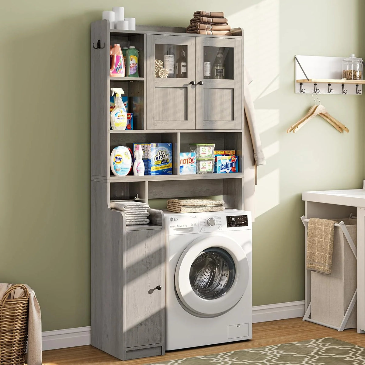 Over the Toilet Storage Cabinet with 3 Doors, Farmhouse Space Saver for Bathroom Organizer with Paper Holder, 10 Shelves and Hooks, 7 - Tier Over Washing Machine Cabinet for Laundry, Bathroom, Natural