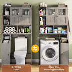 Over the Toilet Storage Cabinet with 3 Doors, Farmhouse Space Saver for Bathroom Organizer with Paper Holder, 10 Shelves and Hooks, 7 - Tier Over Washing Machine Cabinet for Laundry, Bathroom, Natural