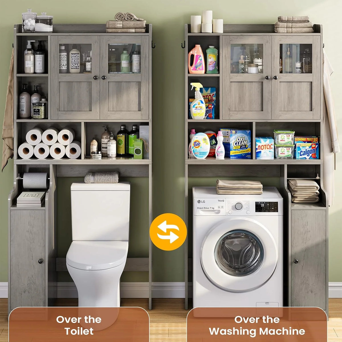 Over the Toilet Storage Cabinet with 3 Doors, Farmhouse Space Saver for Bathroom Organizer with Paper Holder, 10 Shelves and Hooks, 7 - Tier Over Washing Machine Cabinet for Laundry, Bathroom, Natural