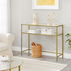 Elegant Gold Tempered Glass Console Table with Metal Frame and Dual Shelves - 39.4L x 13.8W x 31.5H