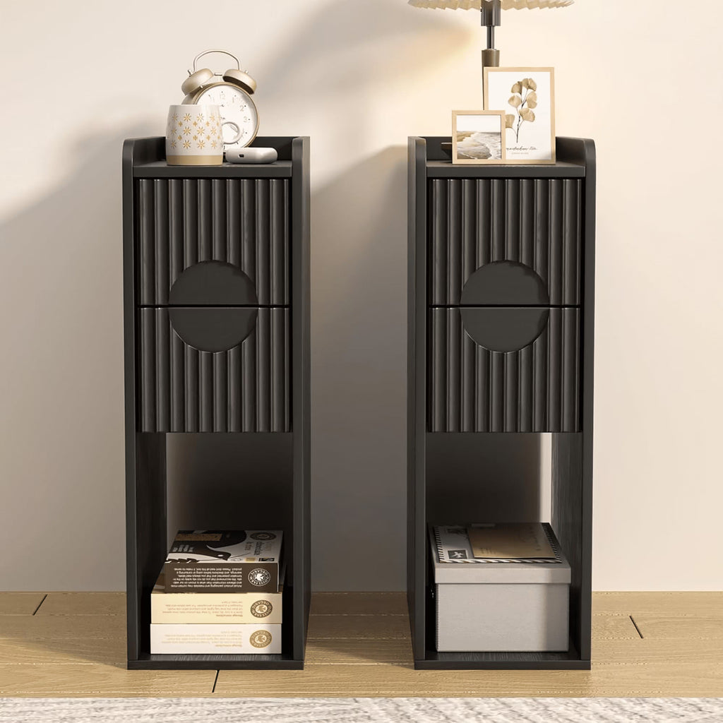 Narrow Nightstand Set of 2 with Drawers, Fluted Slim Side End Table with Storage for Small Spaces