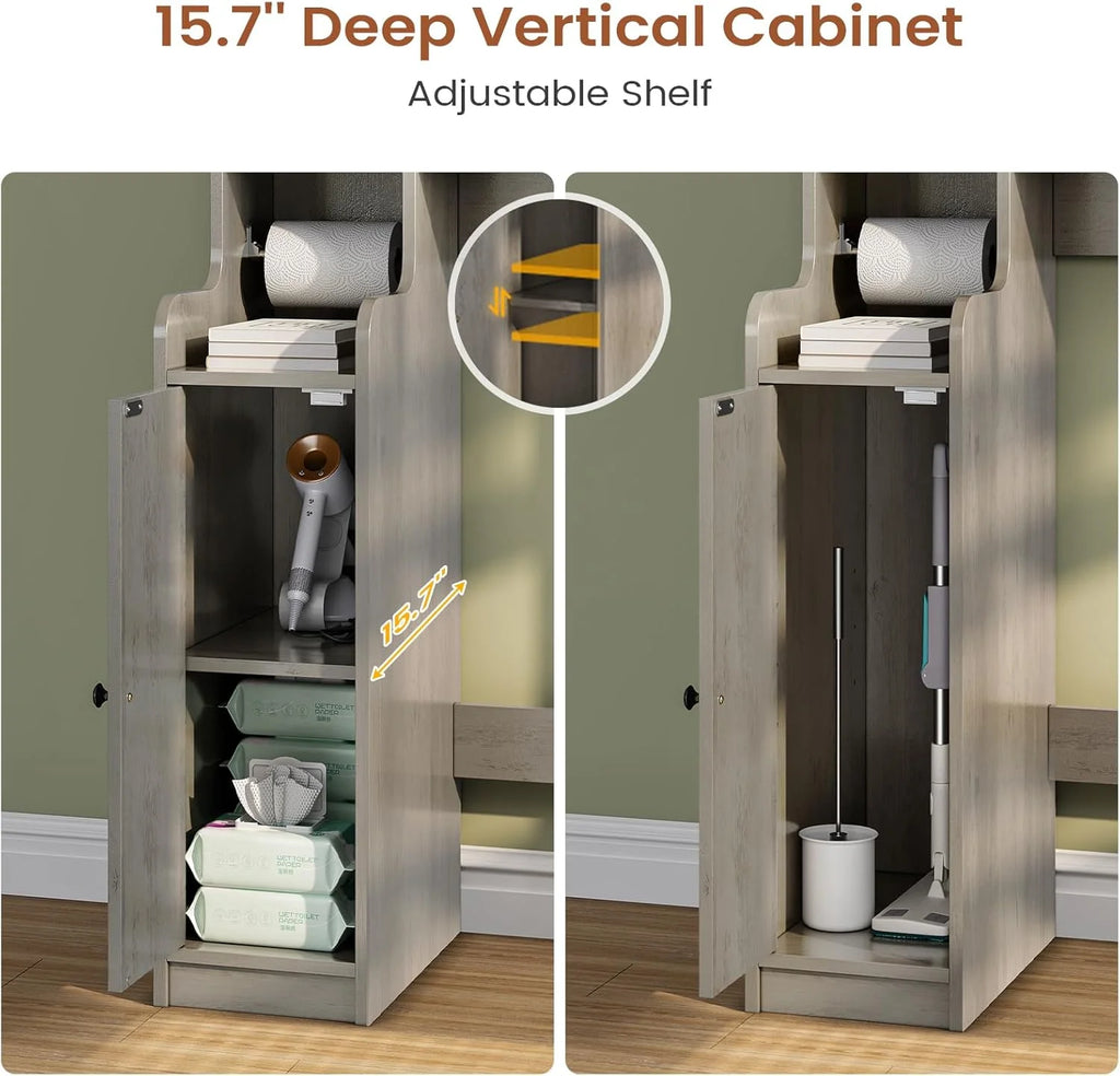 Over the Toilet Storage Cabinet with 3 Doors, Farmhouse Space Saver for Bathroom Organizer with Paper Holder, 10 Shelves and Hooks, 7 - Tier Over Washing Machine Cabinet for Laundry, Bathroom, Natural